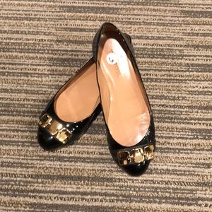 Talbots patent black flats, gold detail